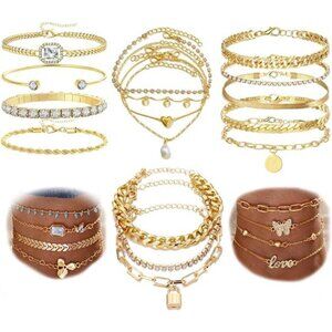 24 Pieces (6 Packs of 4) 14K Gold Ankle Bracelets Set for Women Boho Stackable
